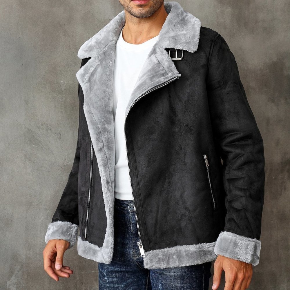 Black Casual Mens Zip Up Lapel Neck Teddy Lined Coat - Picture 3 of 8
